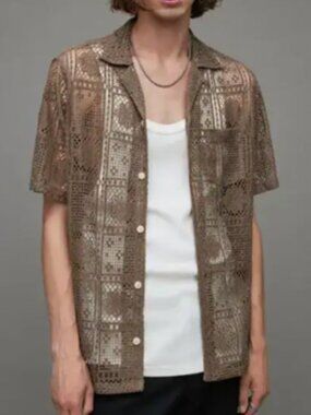 All Saints Brown Crochet Lace Floral Shirt in Medium